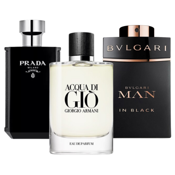 Bundle of 3 Fragrances Bvlgari In Black, Giorgio Armani Acqua Di Gio, y L'Homme Prada Intense 100ml